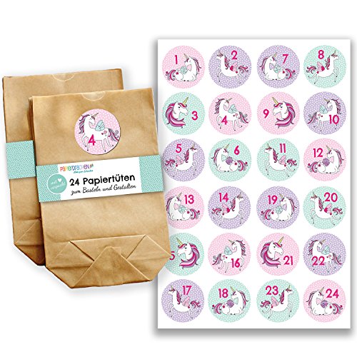 Adventskalender Set - 24 braune Papiertüten und 24 grün-rote Zahlenaufkleber - zum selber machen und befüllen - Mini Set 28 von Papierdrachen