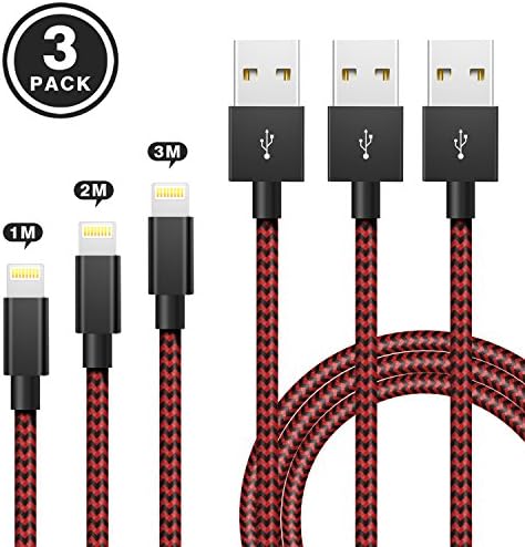 Lightning Cable, JJCall 3Pack 3ft 6ft 10ft 8Pin Nylon Braided Sync and Charging USB Cable Cord for iPhone X/8/8Plus7/7 Plus/6S Plus/6 Plus/5/5S/5C/SE,iPad Pro/Air/mini,iPod(Black+ red)