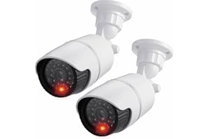JUSTOP Cámaras CCTV falsas, 2 cámaras de seguridad falsas con LED intermitente, impermeables para uso en interiores o exteriores, carcasa profesional en blanco y negro (paquete de 2 unidades)