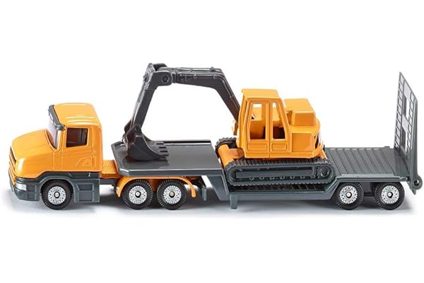 siku 1611, Camion Surbaissé avec Excavatrice, Métal/plastique, Jaune/Gris, Hayon ouvrant, Semi-remorque amovible