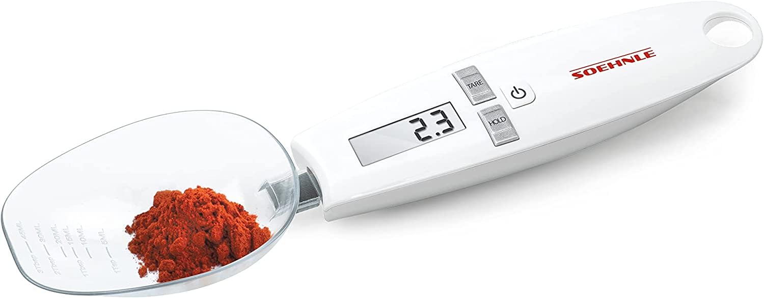 Soehnle Cooking Star Bilancia cucina digitale a cucchiaio, Bilancia da cucina con ripartizione a 0,1 g e portata max di 500 g, Bilancia pesa alimenti | Precisione 0,1 g per dosi minime di solidi e liquidi, display LCD con HOLD, tara, autospegnimento, cucchiaio lavabile