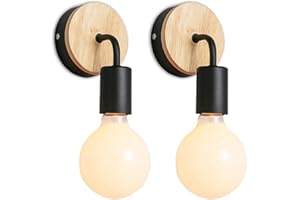 iDEGU Lot de 2 Appliques Murale Interieur Lampes Murale en Métal et Bois E27 Éclairage Mural pour Chambre, Salle de Bains (Noir)