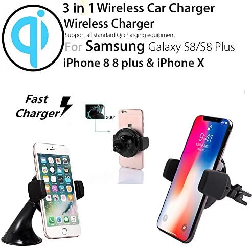 New 3in1 Qi Wireless Fast Charger Car Taxi SUV Dash Vent & Windscreen Mount Holder Stand For Samsung / iPhone 8 8 Plus iPhone X Compatible with Devices Fitted With Qi Wireless Charging Technology