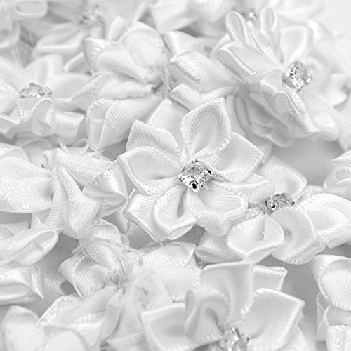 40 Stück Handgefertigt Satin Blumen mit Strass Applikationen Tischdeko Taufe Kommunion Blumen - 5