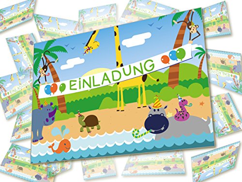 12 Lustige Einladungskarten Set für Kindergeburtstag Dschungel Party für Jungen Mädchen Kinder Karten Löwe Tiger Affe Giraffe Papagei Schlange Nilpferd witzig Safari Urwald fröhlichen Tieren Zoo - 6