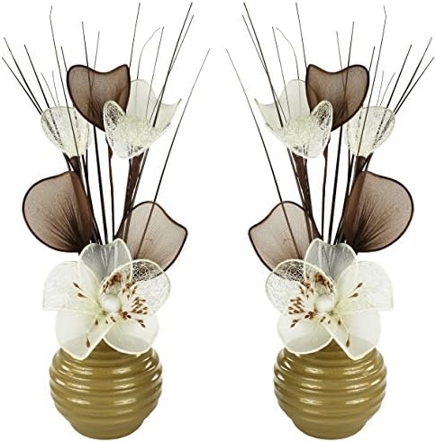 Matching Pair of Gold Vases with Cream Artificial Flowers, Ornaments for Living Room, Window Sill, Home Accessories, 32cm