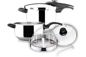 Magefesa Athenas - Pack Esclusivo Pentole a Pressione Rapide Da 4+6 L + Cestello + Coperchio In Vetro, Acciaio Inossidabile 18/10, Induzione, Fondo Termo-Diffusore