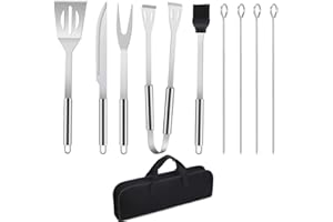 WINDFROMORT Utensilios de Barbacoa Profesional, 9 Piezas Kit de Herramientas para Barbacoa de Acero Inoxidable con Estuche, Pinza, Espátula, Cepillo, Pinchos para Parrilla, Tenedor de Carne y Cortador
