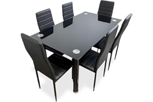 Somnia Descanso - Pack Mesa de Cristal de Comedor o Cocina + 6 Sillas Color Negro a Juego, Modelo Tucan, Prácticas y Funcionales