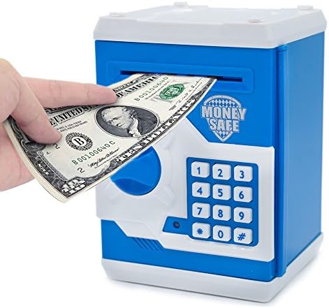 APUPPY Electronic Money Bank, Cartoon Password Piggy Bank Cash Coin Can, Toy Gifts Birthday Gifts for Kids (White &amp; Blue)