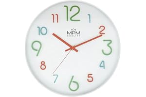 ‎MPM QUALITY MPM Quality Bunte Kinder Wanduhr aus Kunststoff in Weiß mit großen bunten Ziffern, für ungestörtes Spielen, Quarz-Uhrwerk, geeignet besonders für Kinderzimmer, Kindergarten, die Schule