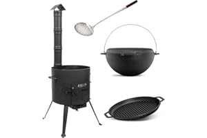 RUKAUF SET Kukmara Uchag Utschak mit Abzugs-Rohr 40cm mit BRIZOLL 15 Liter Kasan Kazan aus Gusseisen + GRILL Pfannendeckel Feldküche Gulaschkessel FeuerOfen Outdoor dutch oven Uchak + Schaumlöffel