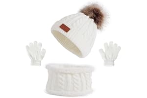 TBSCWYF Gorro de Punto Invierno Térmico con Guantes y Bufanda Forro Polar Niños Set Beanie Gorro Sombrero de Punto Invierno Cálido con Pompon para Niños Niñas