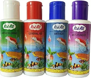 Rid-All Fish Medicine 120ml Pack | Anti-Chlorine + General Aid + Anti-Ich + Anti Fungus | 4 Bottles in Pack