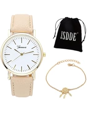 JSDDE Uhren Set Eelgant Genf Armbanduhr Beige Lederband Qaurzuhr + Gold Traumfaenger Armband mit Geschenk Samtbeutel