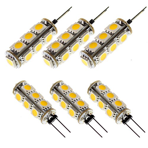 ArlyMama , 6 unidades (6 piezas/Lote) G4 tipo 13 LED (12 + 1) de luces 2,6 Watt bombillas halógenas de AC DC 12 V Color blanco cálido 5050 Undimmable emisor Quivalent a 20 W de bombilla incandescente