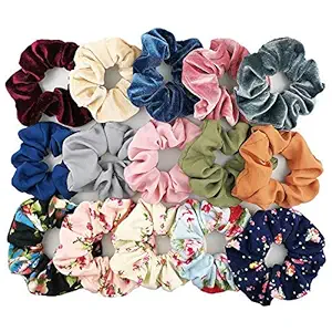 Trendy Club Multicolour Scrunchies, Velvet, Chiffon, Cotton Elastic Hair Bands for Women -15 Pieces