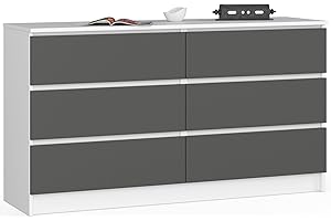 AKORD | Kommode K-140 mit 6 (2 x 3) Schubladen | für das Wohnzimmer Schlafzimmer Schrank Büro Arbeitszimmer | Modernes Funktionales Design | B138 x H77 x T40 cm, Gewicht 51kg | weiß-grau Graphit
