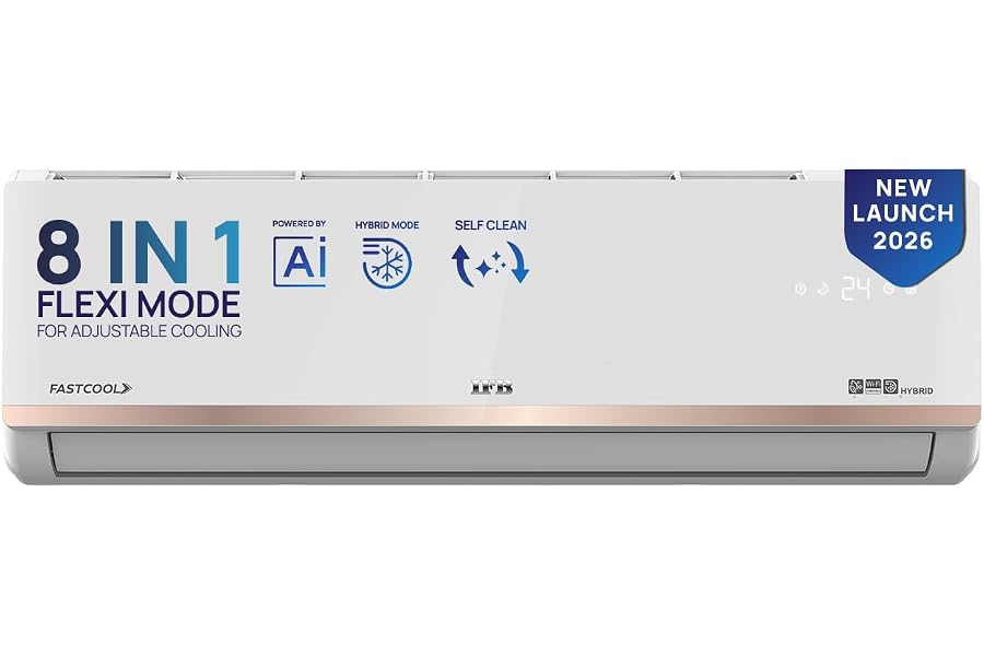 IFB 1.5 Ton 3 Star,New star rated,AI Powered Inverter Split AC,Hybrid Mode, 8in1 Flexi Mode, Heavy Duty Compressor, 4 Way Swing, Self Clean, Dual Gold Fins,100% Copper Tubes,CI193GN22RGM3, white