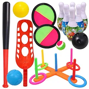 Toyshine 5 in 1 Kids Sports Set | Bowling Game, Ring Toss, Scoop Ball, Sticky Ball and Baseball | Kids Sports Indoor Outdoor Toy Activity Learning Game Toys for 3-12 Year Old Boy Girl Gift