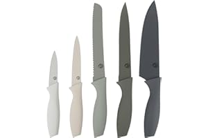 MasterChef Cuchillos Cocina, Set Cuchillo de Chef (Carne, Sierra por Pan, Verduras y Pescados), Colección de Acero Inoxidable con Asas Suaves al Tacto, Multifuncional, 5 Piezas, Gris