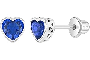 In Season Jewelry Plata Fina 925 Pendientes con Cierre de Rosca de Seguridad de Corazón para Niñas con Bisel de Diamante de imitacion de Circonia para Bebés, Niñas y Niñas Pequeñas