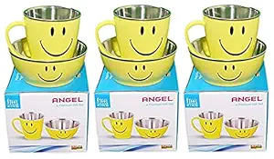 Perpetual Bliss Fancy Stainless Steel Smiley Mug with Bowl for Kids/Shakes/Juices/Coffee/Birthday Return Gifts - Pack of 3