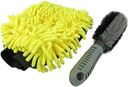 2 in 1 Car Microfiber Wash Mitt and Duster Premium Chenille Ultra-soft Gloves Large Size 10.2*7 inches and Car Wheel Cleaning Brush