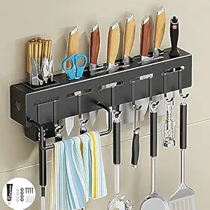 Wolpin Kitchen Shelf Stainless Steel Wall Mount Knife Holder | Towel Hanger | Spatula Ladle Hanging Hooks | Cutlery Holder Storage Rack High Grade Metal Multi-Purpose (40 x 5.5 x 7.4 cm)