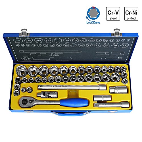 S&R Steckschlüsselsatz Knarrenkasten 39-tlg. 1/2" LOCK-DRIVE Profil, Werkzeugset Werkzeugkasten 1/2 Zoll in Metallbox, Ratschenkasten Industrie Qualität