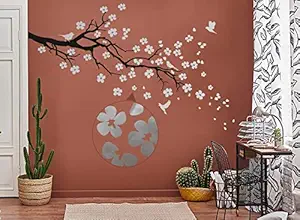 WallDesign Petal Burst Wall Sticker - Silver Flowers, Birds & Black Branch - Left Corner - Elegant Home Decor for Living Room, Bedroom, Kids Room