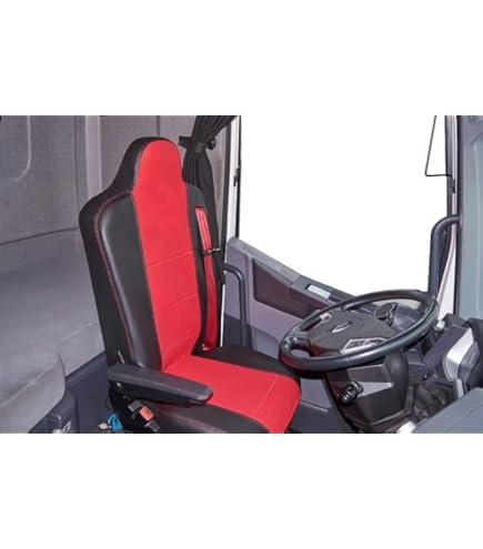 F-CORE Housses De Siege Camion Compatibilité Pour Renault T 01.14-04.21 Conducteur Réglable Passager Intégré Passager Sans Accoudoirs Noir/Rouge