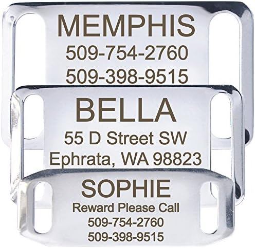 GoTags Pet ID Slide-On Personalized Dog & Cat Tags. Silent, No Noise Collar Tags made of Stainless Steel. Custom Engraved. Includes up to 4 Lines of Personalized Text.