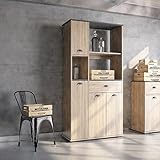 Mueble de cocina acabado aglomerado melaminizado en color aserrado combinado con tapa y estantes fijos en color gris antracita.