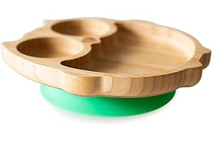 eco rascals Owl Shaped Natural Bamboo Plates for Baby Toddler | Owl Shaped Baby Suction Plate | Stay Put Feeding Plate for Weaning with Three Sections | Detachable Suction Base | Green (Grey) (Green)