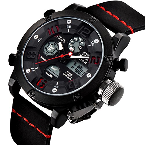 MEGALITH Herren Uhren Militär Chronograph Wasserdicht Datum Kalender Wecker Analog Digital Groß Sportuhr Männer Geschäfts Beiläufig Dual Display LED Licht Armbanduhr mit Schwarz Lederband