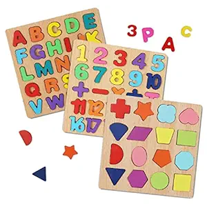 AUTHFORT Wooden Alphabet Puzzles Numbers Count Board Blocks 3 Sets Game, Colorful ABC Uppercase Letters/Numbers/Shapes for Kids Toddlers Preschool Early Learning Educational Toys