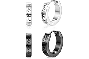 HABNI 1 Paio Di Orecchini Vikinghi Nordici Per Uomo – Acciaio Inossidabile, Rune Elder Futhark (Nero E Argento)