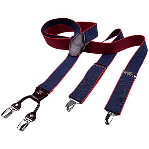DonDon hombres tirantes 3,5 cm ancho 4 clips con piel cuero marrón de forma Y elástico y con longitud ajustable azul obscuro