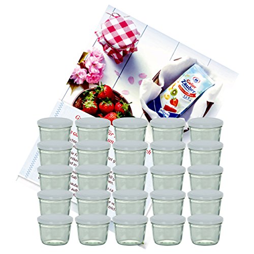 25er Set Sturzglas 230 ml Marmeladenglas Einmachglas Einweckglas To 82 weißer Deckel incl. Diamant-Zucker Gelierzauber Rezeptheft