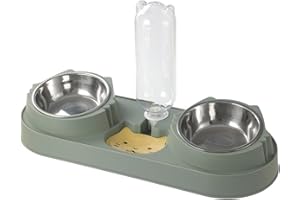 EMLSTYLE Cat Food Bowl, Triple Cat Bowl, 15°Tilted Raised Cat Bowl, Pets Water and Food Bowl Set with Automatic Water Bottle, Wet and Dry Food Bowl for Cat (green)