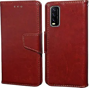 Unistuff Faux Leather Back Case Flip Cover for Vivo Y20G with Magnetic Loop | Foldable Stand | 3 Card Slot | 1 Cash Slot - Executive Brown, 59475