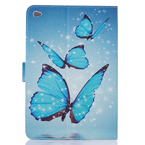 iPad Mini 4 Hülle,iPad Mini 4 Case – Felfy PU Ledertasche Luxe Bookstyle Flip Standfunktion Magnetverschluss Ledertasche Muster Eule Schmetterling Pfingstrose AugeBunte Malerei Retro Painted Abdeckung Schutzhülle Ablösbar Handliche Case Tasche Etui für Apple iPad Mini 4 (Eleganter Schmetterling) + 1 x Hellblau Blau Stylus + 1 x Blaue Blumen Dust Plug - 3