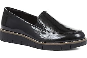 Pavers Ladies Slip On Shoes - Wider D/E Fit - Comfortable Cushioned Loafers with Low Wedge Heel - Stylish Smart Patent Design for Formal Wear