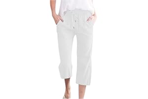 YOLIMOK Women Linen Cropped Trousers with Elasticated Waist Ladies Wide Leg Trousers with Pockets, Baggy Capri Pants Summer Solid Casual Work Trousers Beach Pants Loose Fit Track Lounge Pants