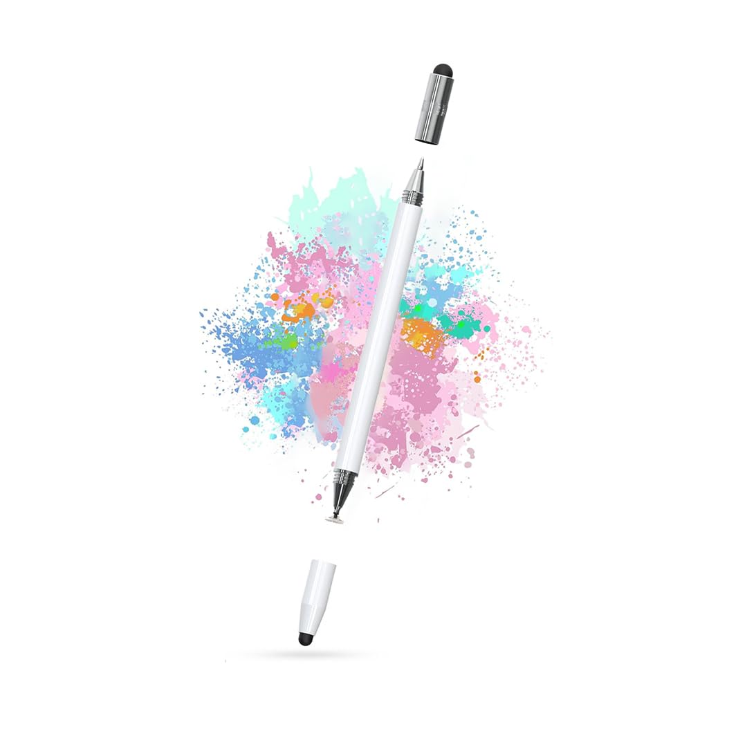 Elfora 4-in-1 High Precision Universal Capacitive Stylus Pen for Touch Screens with Pen Functionality | Lightweight Aluminum Body | Fine Point Disc Tip | Compatible for iOS, Android & Windows (White)