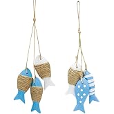 Ciieeo 2 Pieces Wooden Fish Decor Hanging Mediterranean Nautical Style Wall Home Bar Ornaments Marine Fish with Rope Accessor