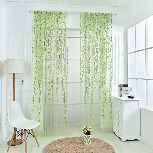 Wingogo Curtains Willow Leaves Pattern Rural Style Offset Blind Printed Glass Yarn for Living Room Bedroom