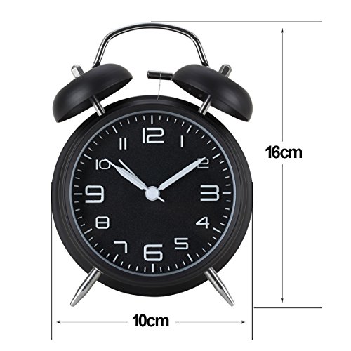 AKUNSZ Doppelglockenwecker Retro Glockenwecker mit Nachtlicht, lauter Alarm, ohne Ticken geräuschlos 4 Zoll Alarm Wecker mit großes Zifferblatt, Schwarz - 3