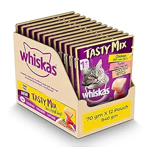Whiskas Adult (1+ Year) Tasty Mix Wet Cat Food Made with Real Fish, Chicken with Tuna and Carrot in Gravy - Pack of 12